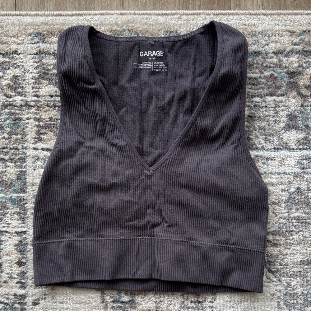 Garage Purple Charcoal Ribbed V-Neck Crop Top